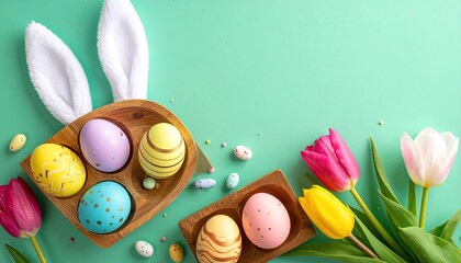 Easter themed composition with colored eggs in wooden bowls, bunny ears, and tulips