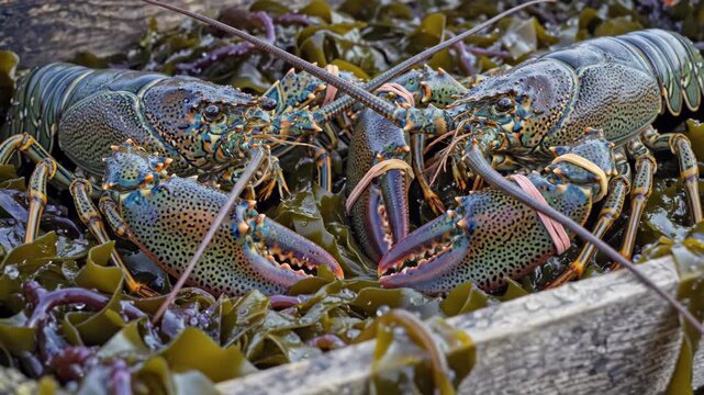 Two colorful lobsters on seaweed claws bound with rubber bands showcasing intricate patterns and textures