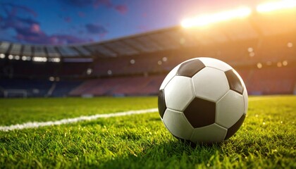 Naklejka premium Close-up of a soccer ball on a green field in a stadium lit by bright stadium lights