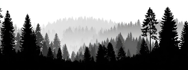 Silhouette of a forest with layered trees fading into mist. Black and white color scheme