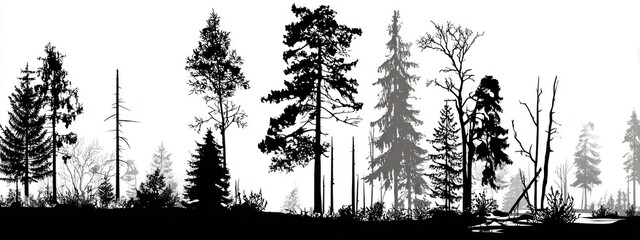 A black and white silhouette of a forest scene with various trees and sparse undergrowth
