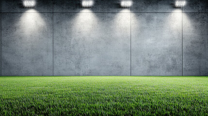 Green grass field under floodlights with concrete wall backdrop, dramatic mood