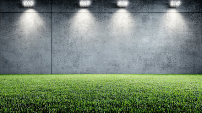 Fototapeta Green grass field under floodlights with concrete wall backdrop, dramatic mood