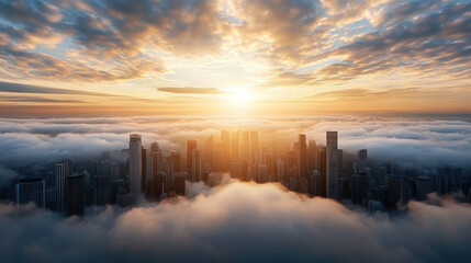 Sunset skyline morning mist golden light over city skyline with clouds and skyscraper silhouette