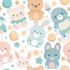 Adorable seamless nursery pattern with cute pastel animals including bunnies, bears, and kittens. Sweet childhood background with stars and soft colors for baby textile and wallpaper design.