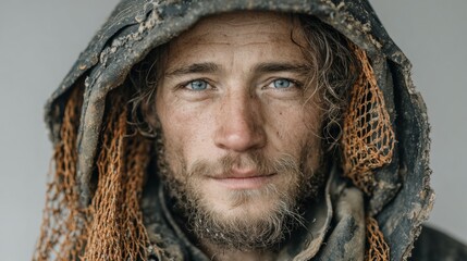 Intense blue eyes of a weathered man wearing a dirty hood, conveying resilience and a rugged, survivalist spirit