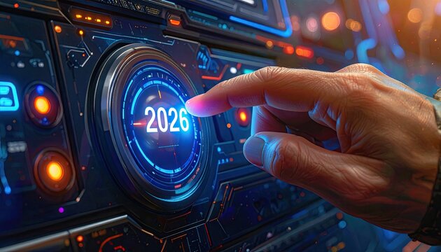 Close-up of a hand pressing a button displaying the year 2026 on a futuristic console