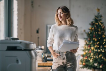 young caucasian woman holding stack of papers standing near big MFD printer in a modern office before christmas 