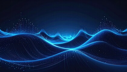 Digital art featuring glowing blue lines forming undulating waves against a dark backdrop