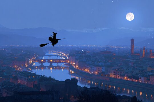 A sweeping aerial shot of La Befana flying on her broomstick over the terracotta rooftops of italian city at night.