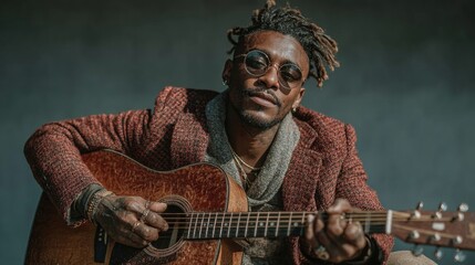 Cool man with dreadlocks plays acoustic guitar, looking confidently at camera, stylishly dressed in a textured jacket