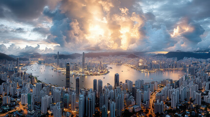 Golden sunset clouds glowing above harbor skyline, dramatic light and calm water