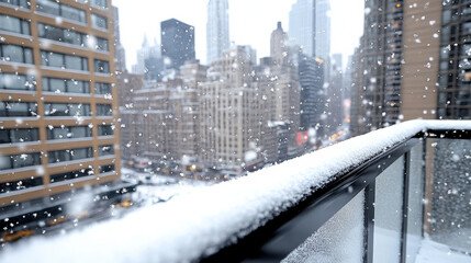 Snowy balcony railing overlooking city skyline during gentle snowfall, peaceful urban winter