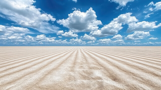 Vast sandy plain with rippled texture under dramatic blue sky and fluffy clouds - Powered by Adobe