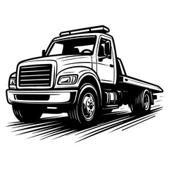 flatbed tow truck in motion, low-angle perspective.
