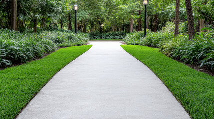 Well kept concrete pathway lined lamp post lush green lawn and trees offering calm serenity