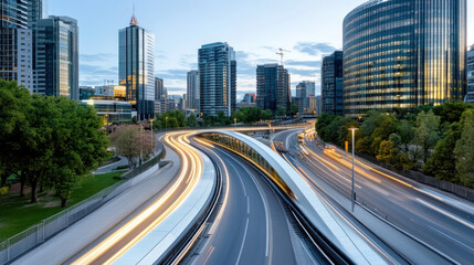 Fototapeta premium Light trail highway city skyline modern architecture evening commute vibrant flow
