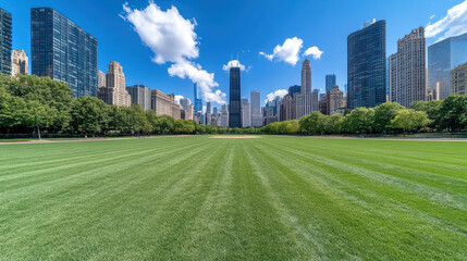 Obraz premium Lush green lawn leading to city skyline under blue sky, peaceful urban park scene