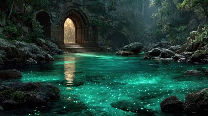 Glowing River Flows Through Ancient Archway