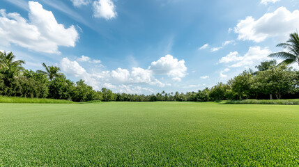 Green lawn horizon with palm trees under blue sky and scattered clouds
