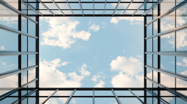 Modern glass atrium courtyard framed sky with soft clouds, airy perspective mood