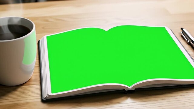Video Scene of Open Notebook with Green Pages and Coffee.
