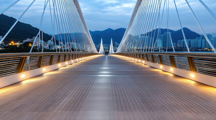 Modern cable stayed pedestrian bridge at dusk with city skyline and mountain backdrop