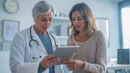 50-year-old woman discussing analyses results on tablet n with her doctor in a modern clinic 