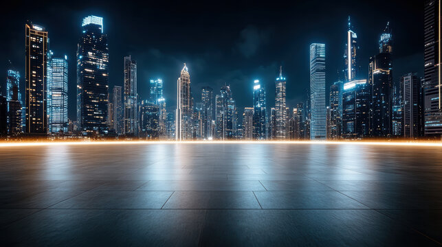 Futuristic waterfront city skyline at night with glowing lights and reflective plaza