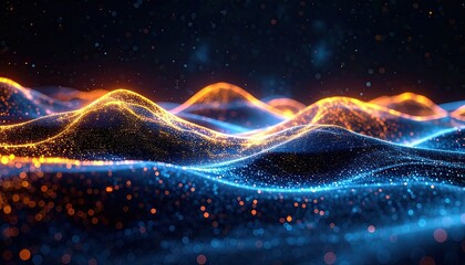 Digital rendering of glowing, undulating lines with orange and blue hues
