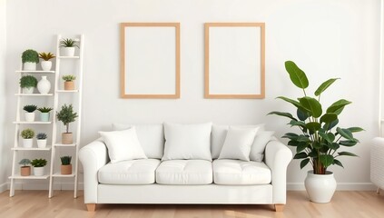 Obraz premium Modern living room with white sofa plants and framed art