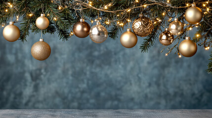Golden Christmas bauble ornaments hanging from fir branch with warm fairy lights, festive mood
