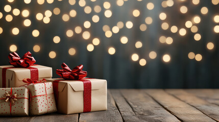 Gift box brown paper with red ribbon on wooden table and warm bokeh lights