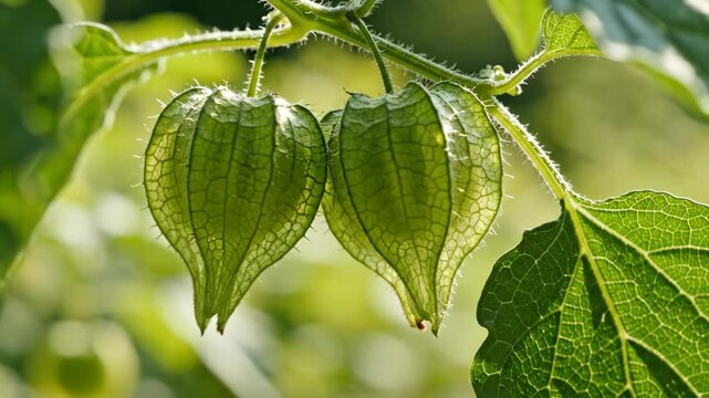 Two physalis fruits hang encased in translucent leafy husks against a softly lit green background