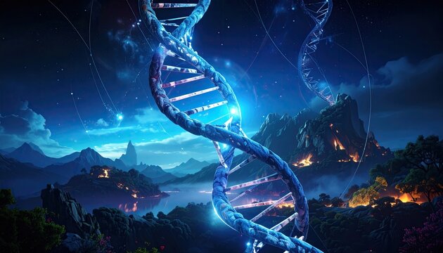 Illuminated double helix structure overlaid on a landscape with mountains and sparkling stars - Powered by Adobe