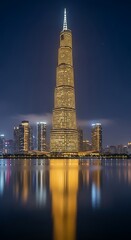 Obraz premium Majestic Illuminated Skyscraper Reflecting on Water at Night in a Modern City.