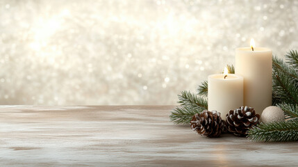 Warm candlelight and winter greenery on wooden table with festive pinecone glow