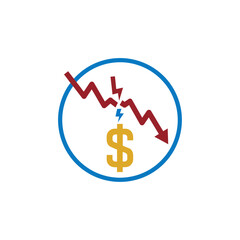 Stock market crash illustration A falling line graph with dollar sign being struck by lightning conveying financial risk and economic downturn.