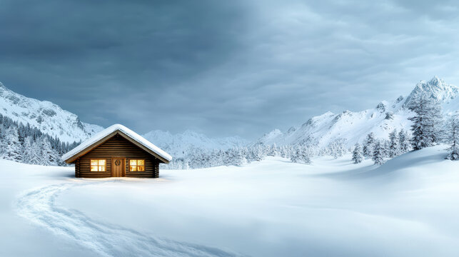 Cozy wooden cabin snow mountain winter pine tree landscape snowfall evening pathway - Powered by Adobe