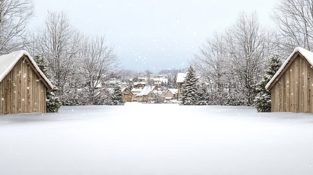 Snowy countryside clearing with wooden barns and distant village covered in fresh snow