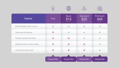Flat Design Pricing Table with Icons for Web Subscription Plans