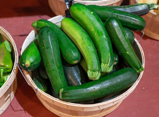 close up on fresh zucchini vegetable in the basket