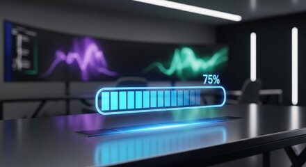 Futuristic Conference Room with Holographic Loading Bar at 75 Percent