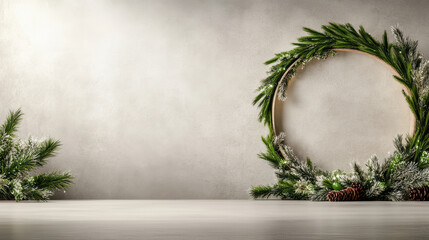 Green holiday wreath with frosted pine branches and pinecone accents, cozy festive mood
