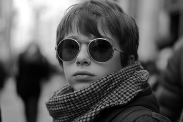 black and white portrait of a teenage boy wearing trendy round sunglasses and a stylish checkered scarf