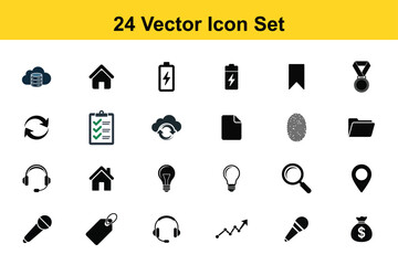 Collection of 24 black and blue vector icon set for app