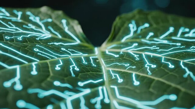 Closeup of a green leaf surface overlaid with glowing cyan circuit patterns