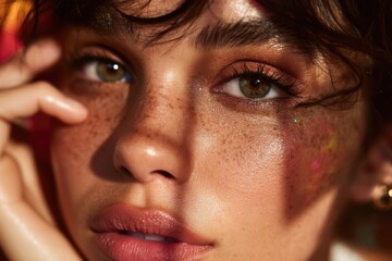 A fresh-faced tan skinned model with perfected no-makeup makeup in natural daylight