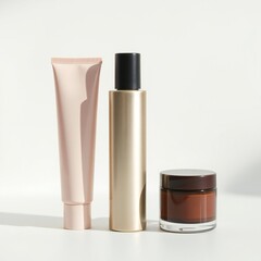 Three elegant cosmetic containers for skincare products on a white background