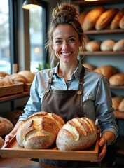 young woman working in bakery standing behind a wooden counter with a tray of freshly baked sourdough bread.